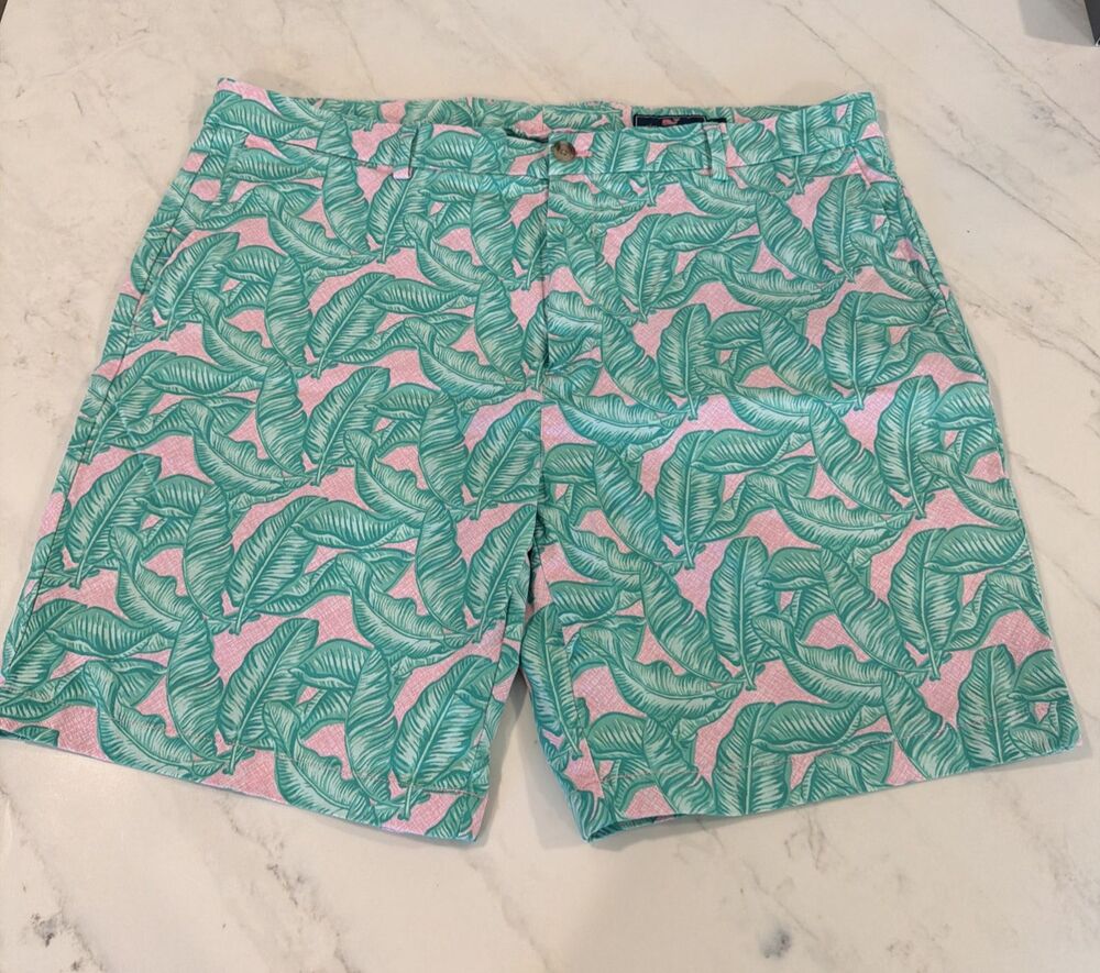 Vineyard Vines Men's Banana Leaf Shorts 40 Green Pink Preppy Hamptons Resort